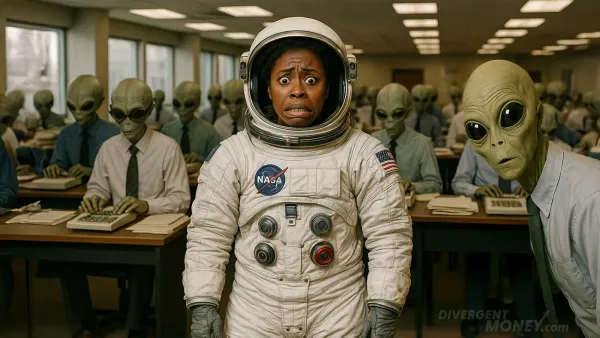 A confused astronaut stands in an office full of serious aliens in dress shirts using calculators, symbolizing how traditional budgeting advice can feel alien to neurodivergent minds.