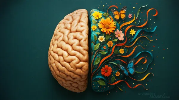 A lifelike brain split in half: the left side is realistic and organic, while the right side bursts with flowers, butterflies, and swirling ribbons on a deep teal background.
