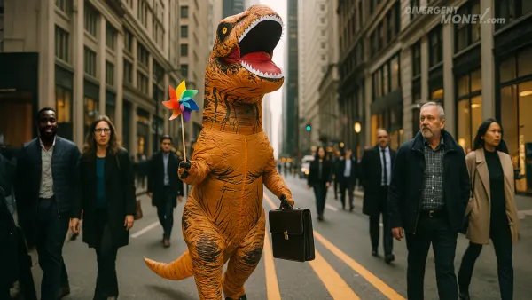 Person in a T-Rex costume holding a pinwheel and briefcase walks through Manhattan as bystanders look on in surprise.