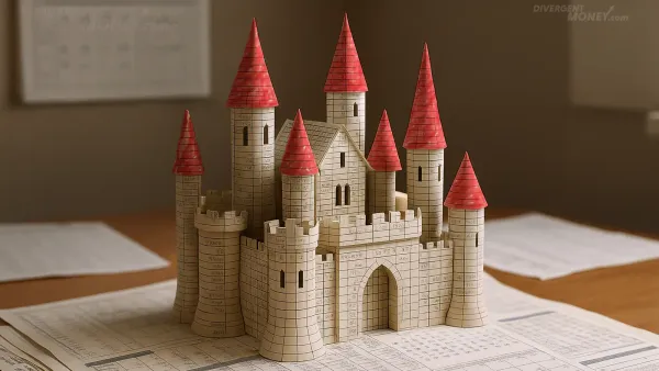 ILLUSTRATION OF A CASTLE MADE OF SPREADSHEETS AND CALENDARS, SYMBOLIZING SAFETY AND ORDER