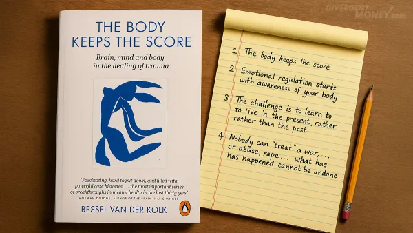 The Body Keeps The Score by Bessel Van Der Kolk book and review notes sitting on a desk.