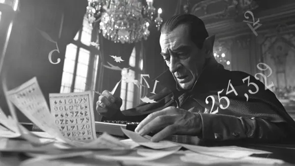 A gothic figure hunched over receipts surrounded by ghostlike numbers a metaphor for the confusion of dyscalculia.